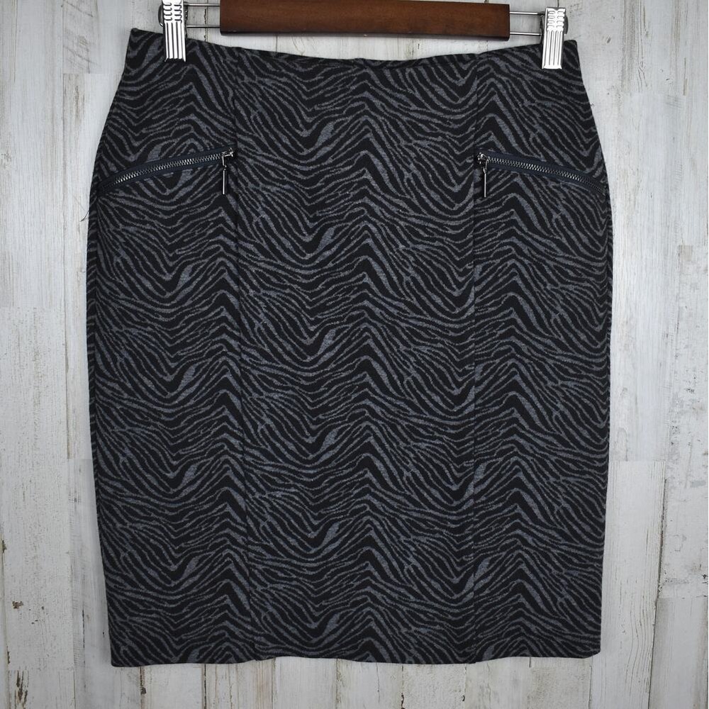Alfani Zebra Print Pencil Skirt 6P Petite Womens Black Gray Zip Pockets Stretch
